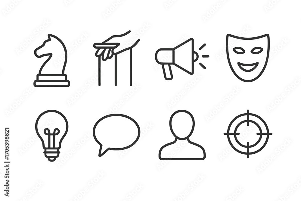Poster manipulation tools icons. outline icon set of manipulation tools: chess piece, puppet strings, megap