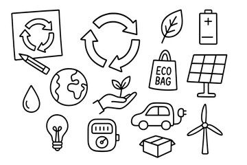 Circular Economy Icons. Hand-drawn doodle illustration Circular economy design recycling symbol, leaf, blueprint, pencil, earth