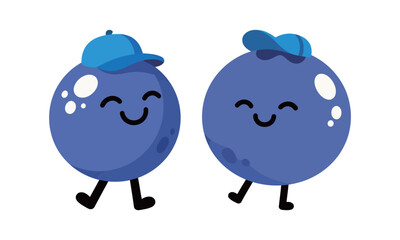 Pair of cute cartoon blueberry characters. Happy fruit mascot with a baseball cap. Vector illustration isolated on a white background.