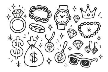 Fototapeta premium Extravagant Jewelry Doodle. Hand-drawn doodle illustration extravagant bling diamond ring, gold chain, watch, sparkling necklace,