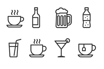 Norwegian Beverage Icons. Outline icon set of Norwegian beverages: coffee cup, aquavit bottle, beer mug, mineral water bottle,