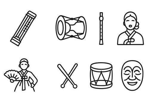 Korean Music Icon Set. Outline icon set of Korean music and instruments: gayageum string instrument, janggu drum, piri flute,