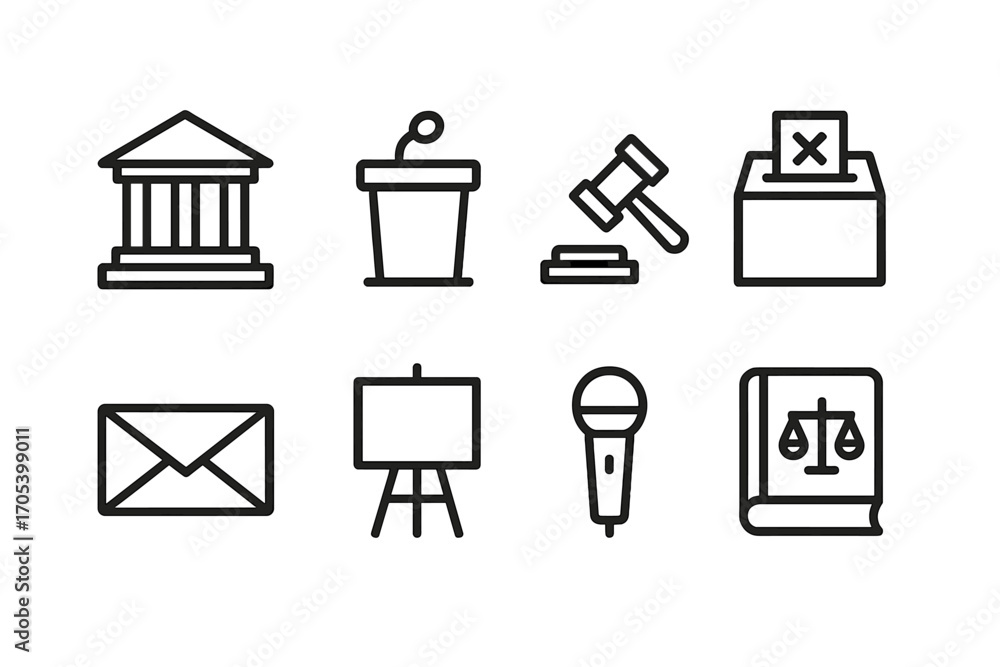 Poster official declaration icon set. outline icon set of official declaration objects: government building