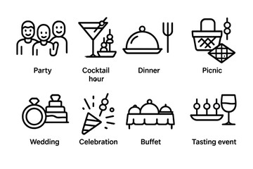 Appetizer Occasion Icons. Outline icon set of appetizer occasions: party, cocktail hour, dinner, picnic, wedding, celebration,