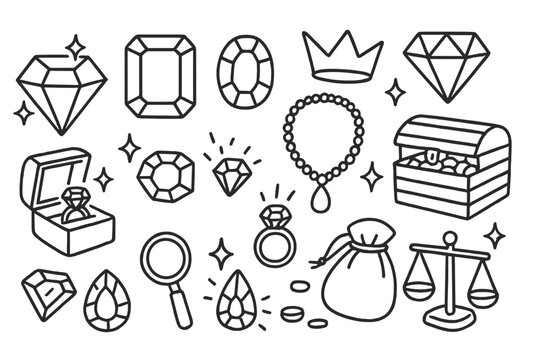 Jewelry Doodle Icons. Hand-drawn doodle illustration precious stones and diamonds diamond, ruby, emerald, sapphire, jewelry box,
