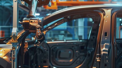 Fototapeta premium Advanced Automotive Manufacturing Robots at Work on a Modern Assembly Line, Precisely Welding, Bolting, and Assembling Car Components to Boost Efficiency, Ensure Quality, and Drive the Future of Autom