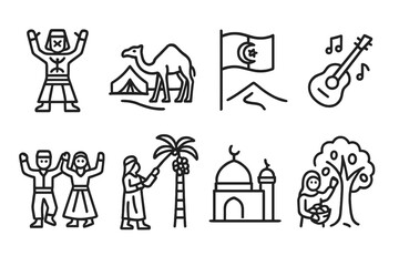 Obraz premium Algerian Festival Icons. Outline icon set of Algerian festivals: Yennayer (Berber New Year), Sahara Festival, National Day, Music