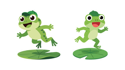 Pair of cute cartoon frog characters jumping. Funny amphibian mascot with a baseball cap. Vector illustration isolated on a white background.