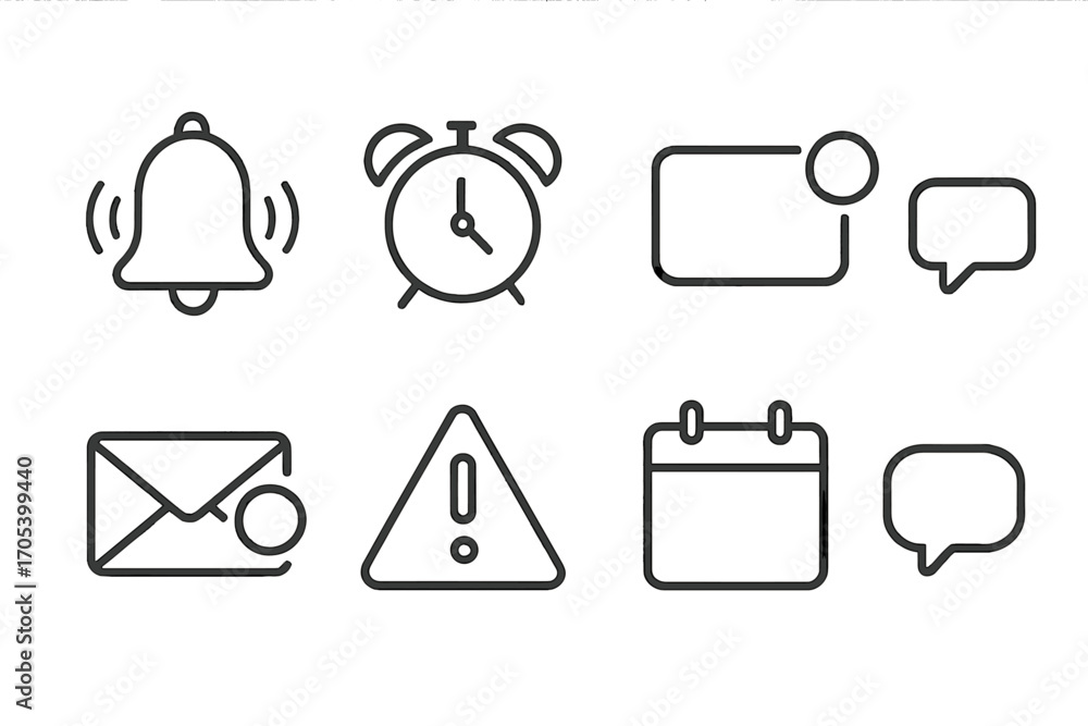 Poster notification icon set. outline icon set of notification types: bell, alarm clock, message alert, pus