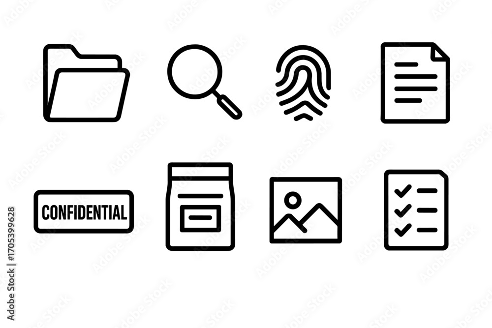 Poster case file icons. outline icon set of case file elements: folder, magnifying glass, fingerprint, docu