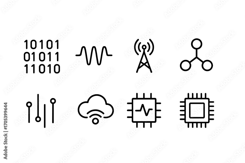 Poster digital signal icons. outline icon set of digital signals: binary code, signal wave, digital antenna