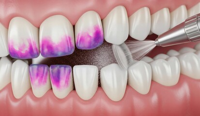  Oral hygiene: Air flow teeth cleaning process. Dental 3D illustration 