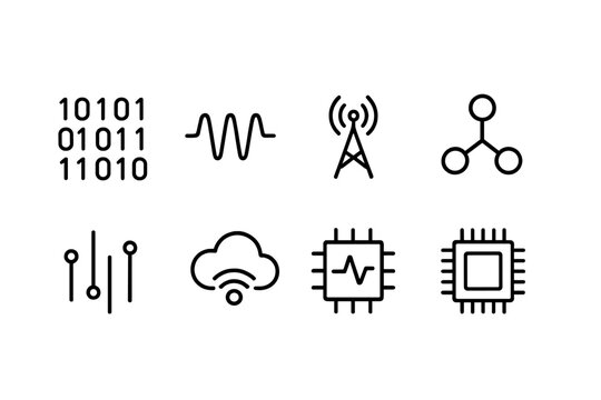 Digital Signal Icons. Outline icon set of digital signals: binary code, signal wave, digital antenna, network node, data stream,
