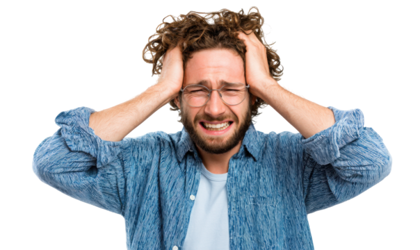 Man with curly hair, distressed expression, holding head