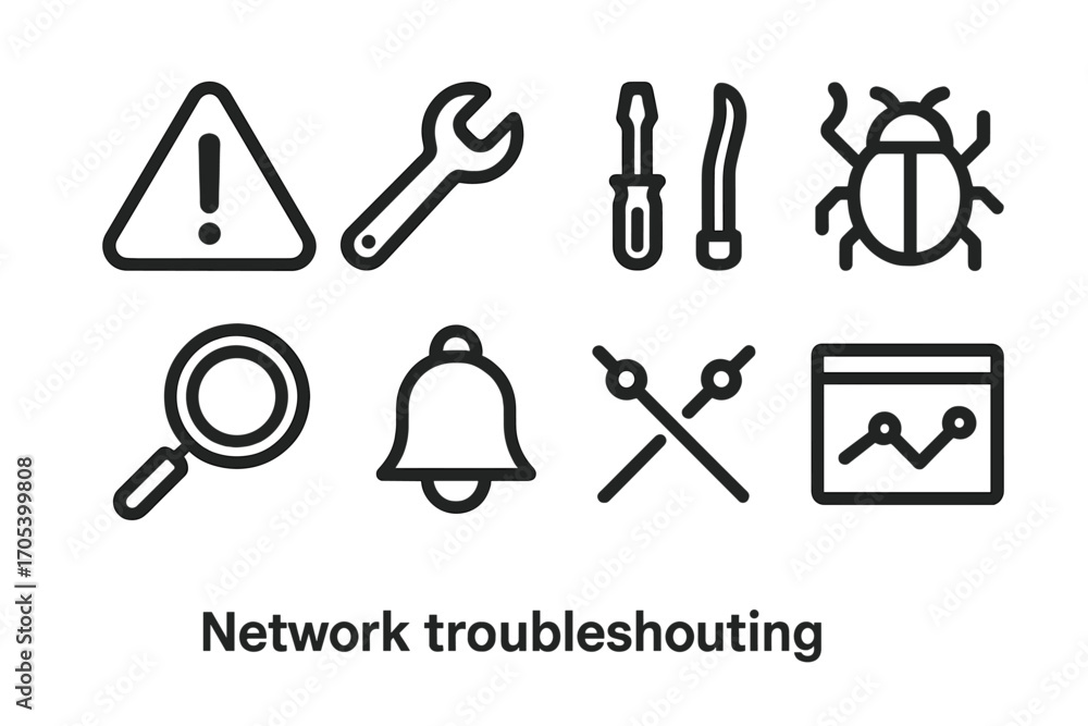Poster network troubleshooting icons. outline icon set of network troubleshooting: warning sign, wrench, sc