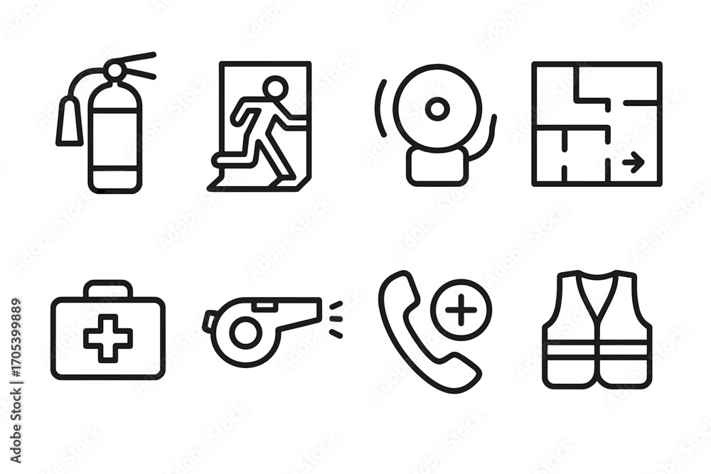 Poster emergency protocol icons. outline icon set of emergency protocols: fire extinguisher, emergency exit