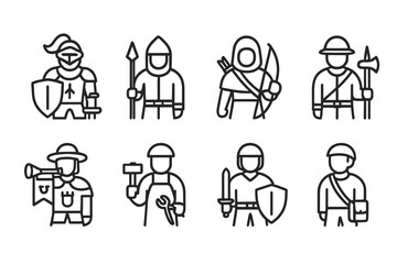 Castle Personnel Icons. Outline icon set of castle gate personnel: knight, guard, archer, sentry, herald, blacksmith, squire,