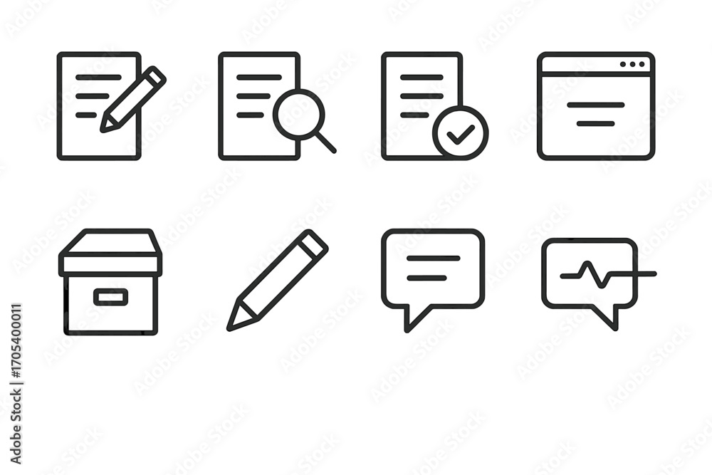 Poster icon sets workflow and locations. outline icon set of annotation workflow: draft, review, approval, 