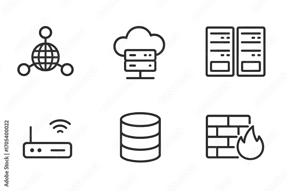 Poster global network icons. outline icon set of global network: network nodes, cloud server, wifi signal, 