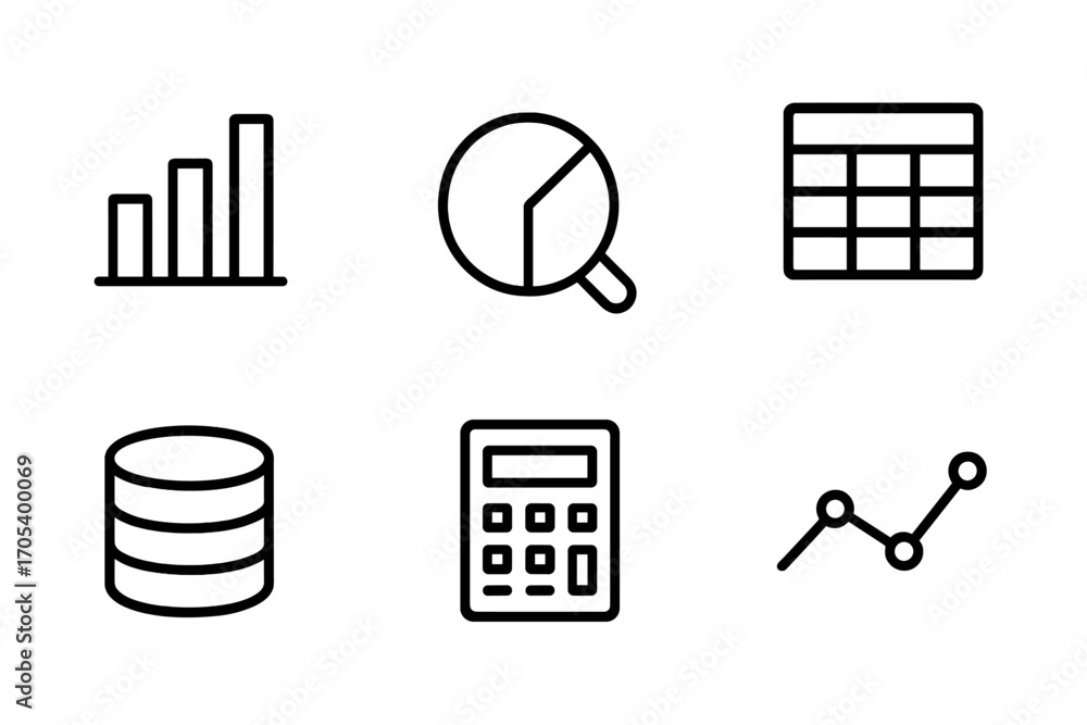 Aufkleber analytics icon set. outline icon set of analytics and data: bar chart, pie chart, magnifying glass, 