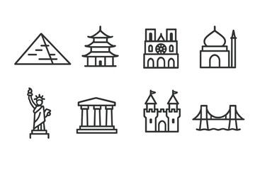Fototapeta premium Cultural Icons Outline. Outline icon set of cultural landmarks: pyramid, pagoda, cathedral, mosque, statue, ancient ruin, castle,