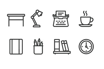 Author & Bookmark Icons. Outline icon set of author tools and workspace: desk, lamp, typewriter, coffee cup, notebook, pen holder,