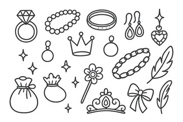 Jewelry Doodle Icons. Hand-drawn doodle illustration jewelry adornment diamond ring, pearl necklace, gold bracelet, sapphire