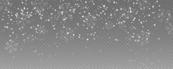 Falling snow overlay with beautiful, detailed snowflakes. Vector illustration for winter, Christmas, and New Year holiday backgrounds. A perfect element for seasonal and festive design projects.