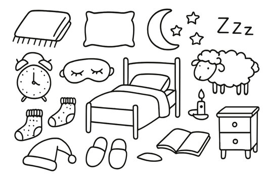 Peaceful Sleep Doodles. Hand-drawn doodle illustration Peaceful sleep environment blanket, pillow, bed, moon, stars, sleeping mask