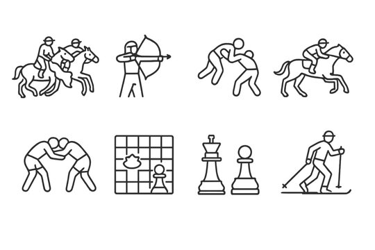 Kyrgyz & Chinese Icons. Outline icon set of Kyrgyz sports and games: kok-boru horseback game, archery, wrestling, horse racing,