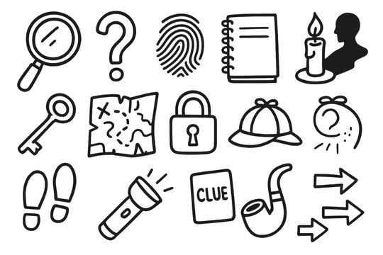 Mystery Clue Icons. Hand-drawn doodle illustration mystery clue magnifying glass, question mark, fingerprint, notebook, candle,