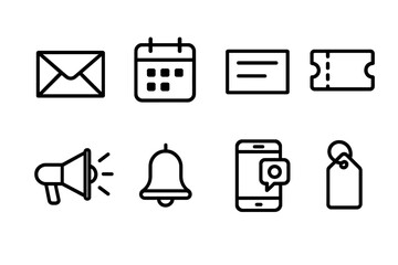 Party Invitation Icons. Outline icon set of party invitations: envelope, calendar, RSVP card, ticket, megaphone, bell, smartphone