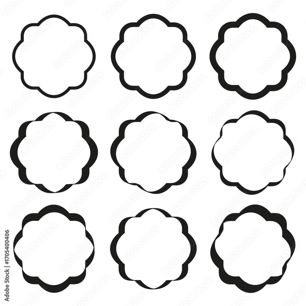 Poster wavy circle frames. scalloped round border. abstract badge illustration. vector decorative element. 