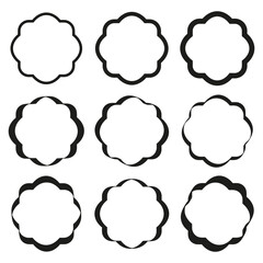 Fototapeta premium Wavy circle frames. Scalloped round border. Abstract badge illustration. Vector decorative element. EPS 10.