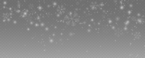 Falling snow overlay with beautiful, detailed snowflakes. Vector illustration for winter, Christmas, and New Year holiday backgrounds. A perfect element for seasonal and festive design projects.
