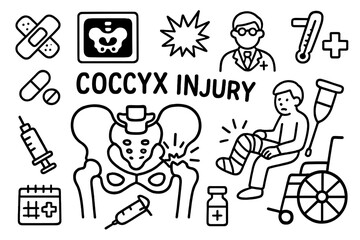 Coccyx Injury Icons. Hand-drawn doodle illustration coccyx injury broken coccyx, pelvis, cast, crutch, syringe, pill, x-ray,