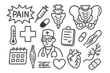 Coccyx Pain Symbols. Hand-drawn doodle illustration coccyx pain pain symbol, coccyx, pelvis, syringe, pill, clipboard, thermometer
