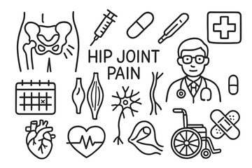 Hip Pain Symbols. Hand-drawn doodle illustration hip joint pain pain symbol, hip joint, syringe, pill, thermometer, cross,