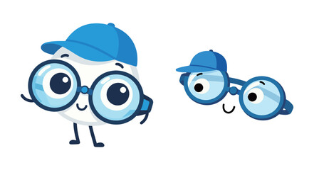 Pair of cute cartoon character wearing eyeglasses. Happy mascot with big glasses and a blue cap. Vector illustration isolated on a white background.