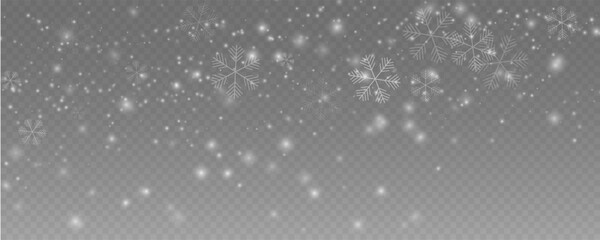 Falling snow overlay with beautiful, detailed snowflakes. Vector illustration for winter, Christmas, and New Year holiday backgrounds. A perfect element for seasonal and festive design projects.