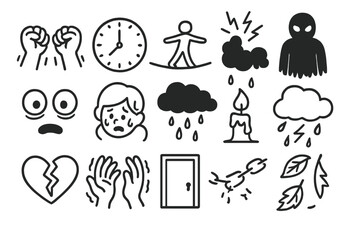 Anxiety Illustrated Doodles. Hand-drawn doodle illustration anxiety clenched fists, racing clock, sweating face, tightrope, shadow
