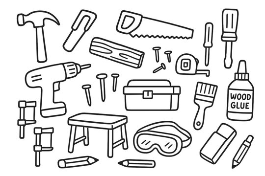 DIY Woodworking Icons. Hand-drawn doodle illustration DIY woodworking projects hammer, saw, screwdriver, drill, wood plank, nails,