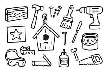 DIY Birdhouse Tools. Hand-drawn doodle illustration DIY birdhouse project wooden plank, hammer, nails, paintbrush, birdhouse,