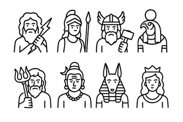 Mythological Gods Icons. Outline icon set of mythological gods and deities: Zeus, Athena, Thor, Ra, Poseidon, Shiva, Anubis, Hera.