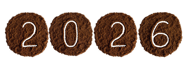 Numbers 2026 New Year made of ground coffee or pistachios, decor for cards and design