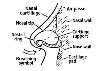 Nasal Anatomy Doodle. Hand-drawn doodle illustration nasal cartilage nose tip, nasal septum, nostril ring, side view nose, soft