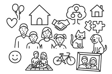 Blended Family Symbols. Hand-drawn doodle illustration blended family house, parents, children, heart symbol, handshake, family