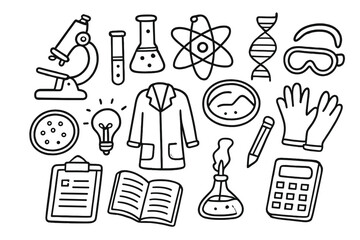 Scientific Doodle Icons. Hand-drawn doodle illustration scientific foundation microscope, test tube, flask, atom, DNA strand, lab