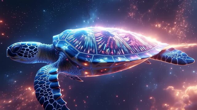 Luminous sea turtle glides through cosmic nebula