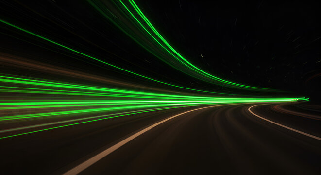 Captivating green light trails illuminating a road tunnel at high speed